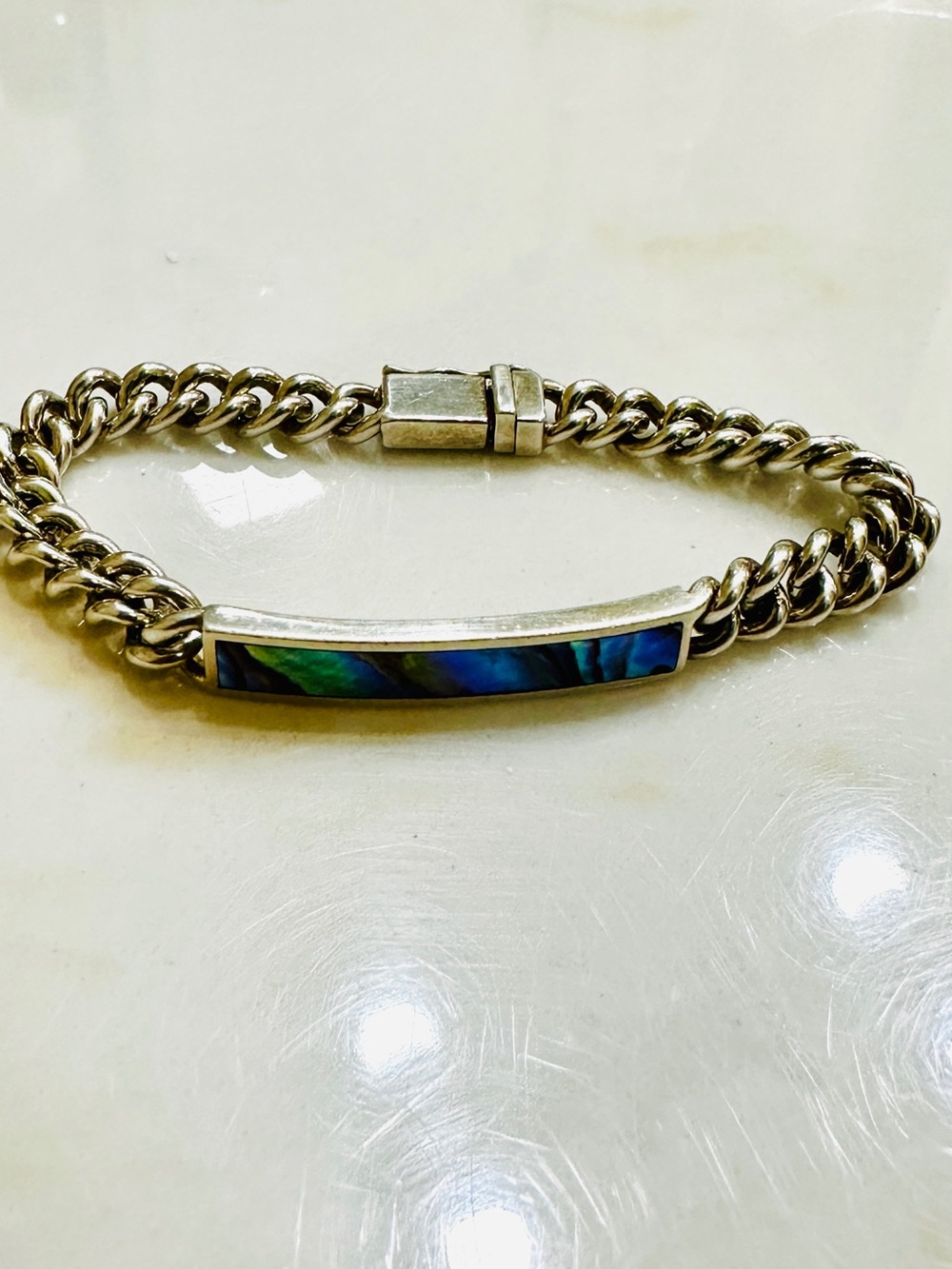 Sterling Silver 925 Chain Bracelet with Iridescent Abalone rectangle stone Inlay